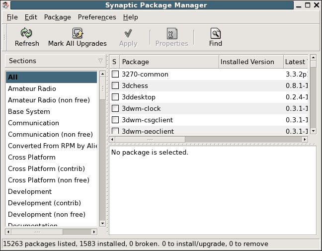 
					Shows Synaptic Package Manager main window. Contains titlebar, 
					menubar, toolbar, display area, and
					scrollbars. Menubar contains File, View, 
					Settings, and Help menus. 
					